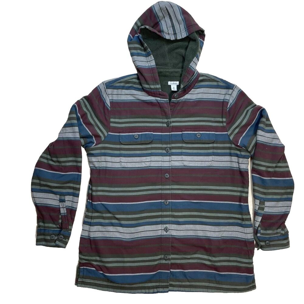 L.L. Bean Hooded Jacket - Women's MEDIUM - Stripes Mid Length Fleece Cotton Boho